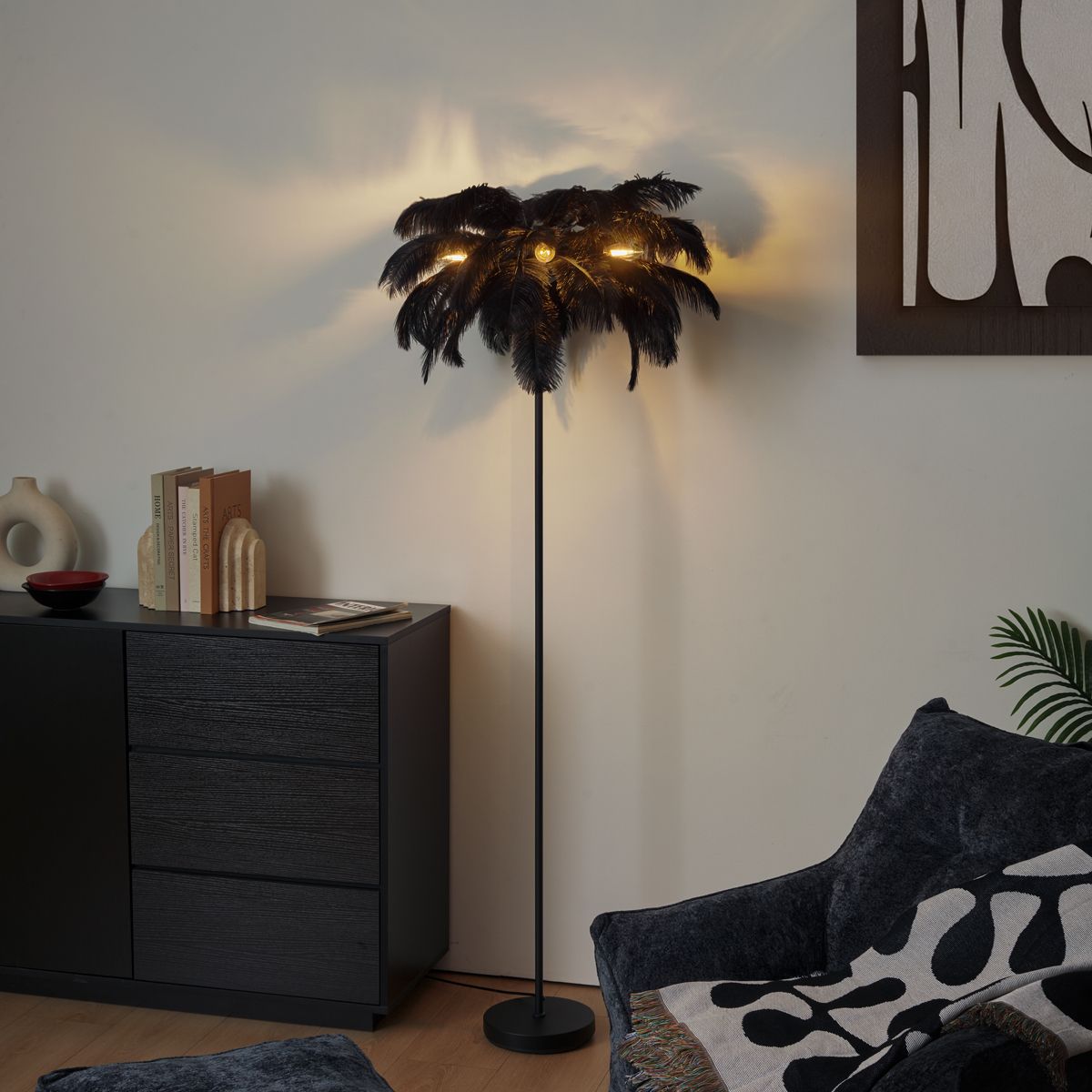 Art Deco vloerlamp zwart met zwarte veren - Peahen