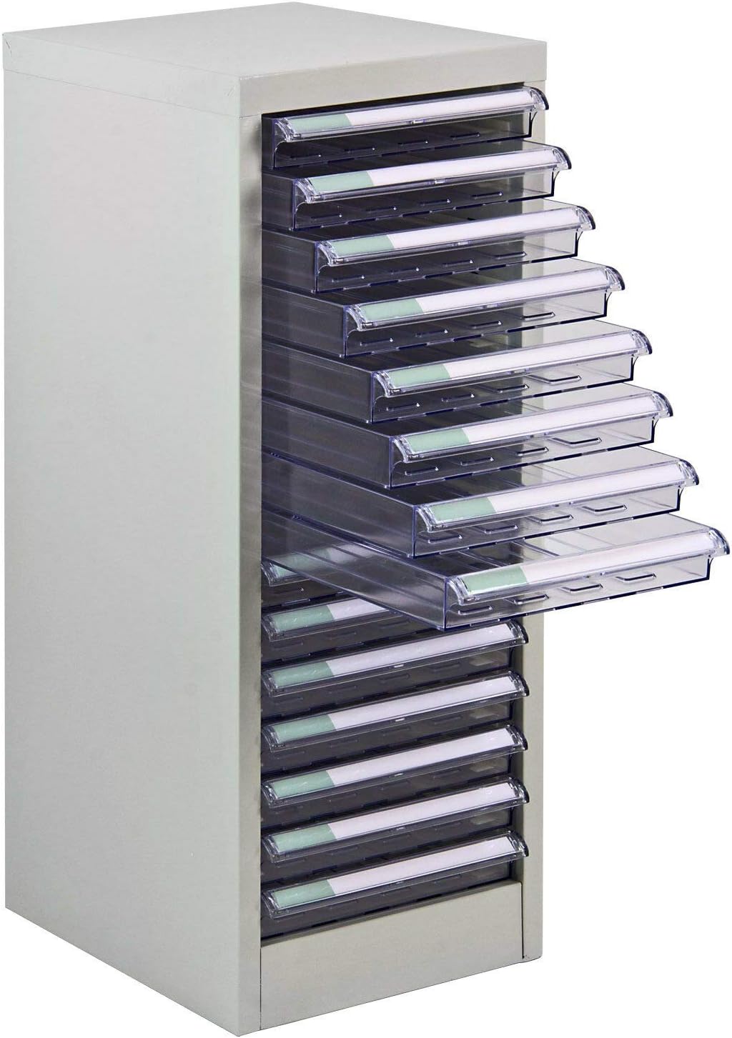 ADB Metall Schubladencontainer - 15 PVC Schubladen, herausnehmbar, Sicherheits-Anschläge, pulverbeschichtet RAL 7035, 745x280x350 mm, für Büro und Werkstatt