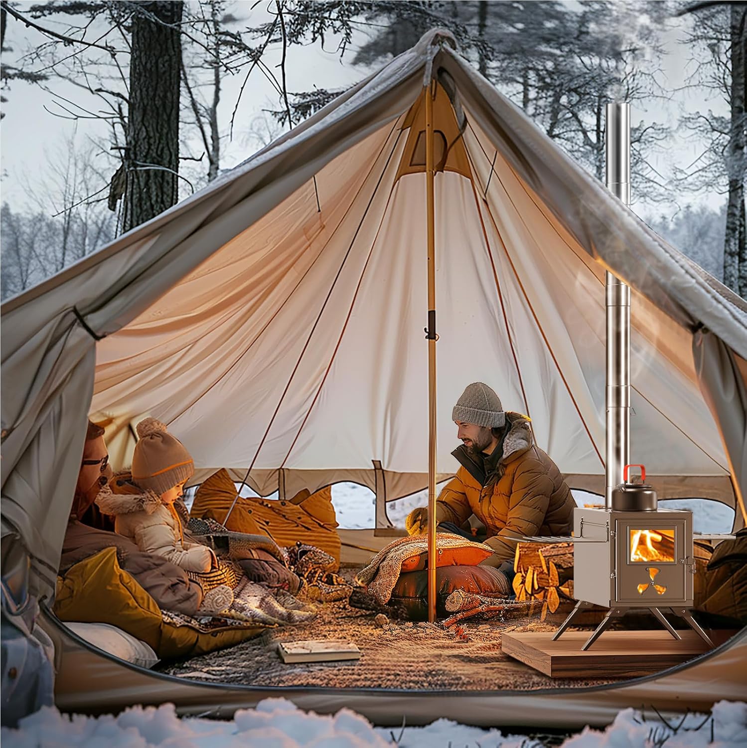 Camping Zeltofen mit Schornstein, Edelstahl Holzofen für Zelt, Tragbarer Faltbarer Heißzeltofen mit 7 Kaminrohren für Outdoor, Camping, Kochen, Grillen, Wandern, Angeln, Jagd