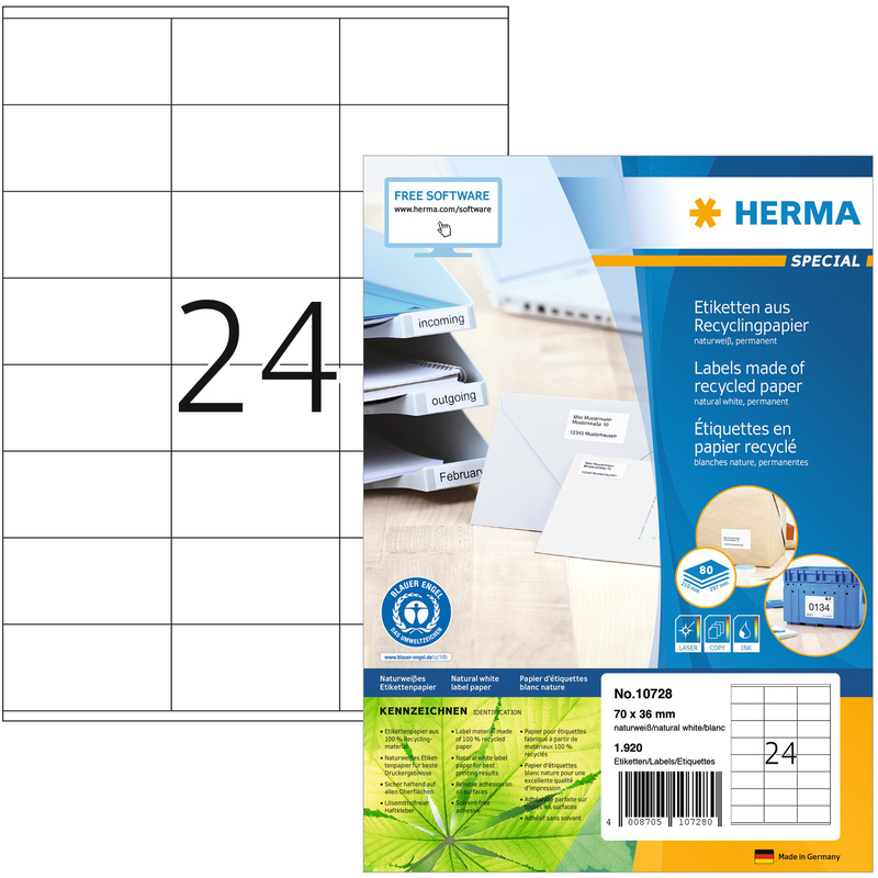 Herma Etiketten Recycling, 10728, 70 x 36 mm, 80 Blatt