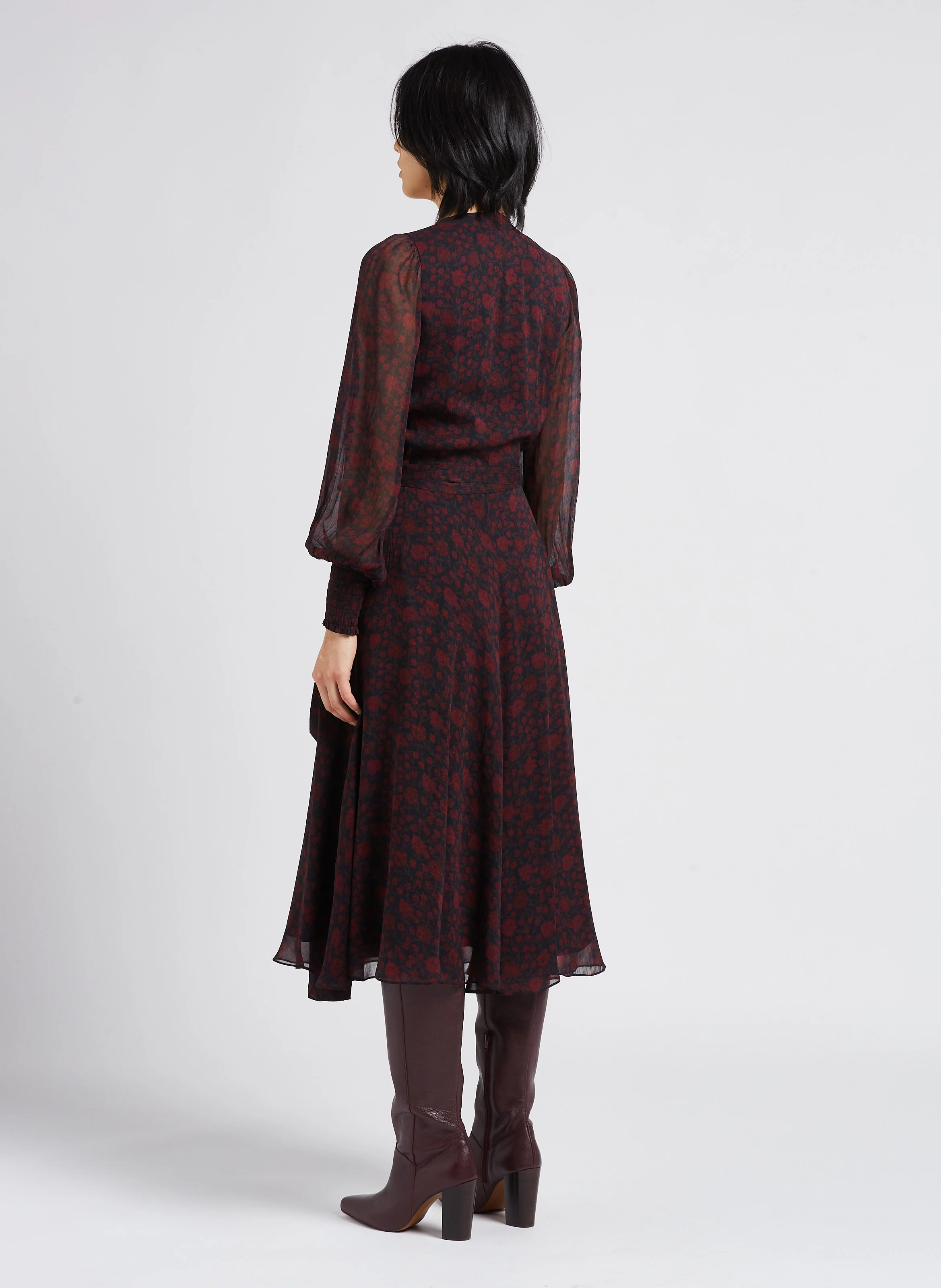 Robe midi portefeuille imprimée fleuri| Noir