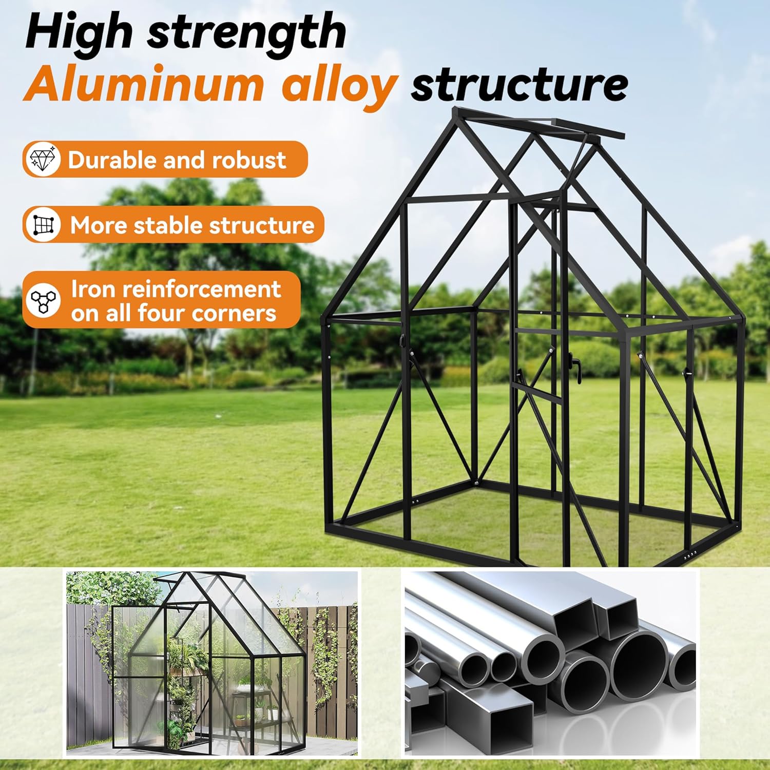 Aufun Premium Gewächshaus Aluminium, 2.25m² Gartengewächshäuser mit 6 cm Fundament und 4 mm PC Platte Treibhaus Tomatenhaus Gartenhaus UV beständig Wetterfest für den Garten, 125x180x195 cm