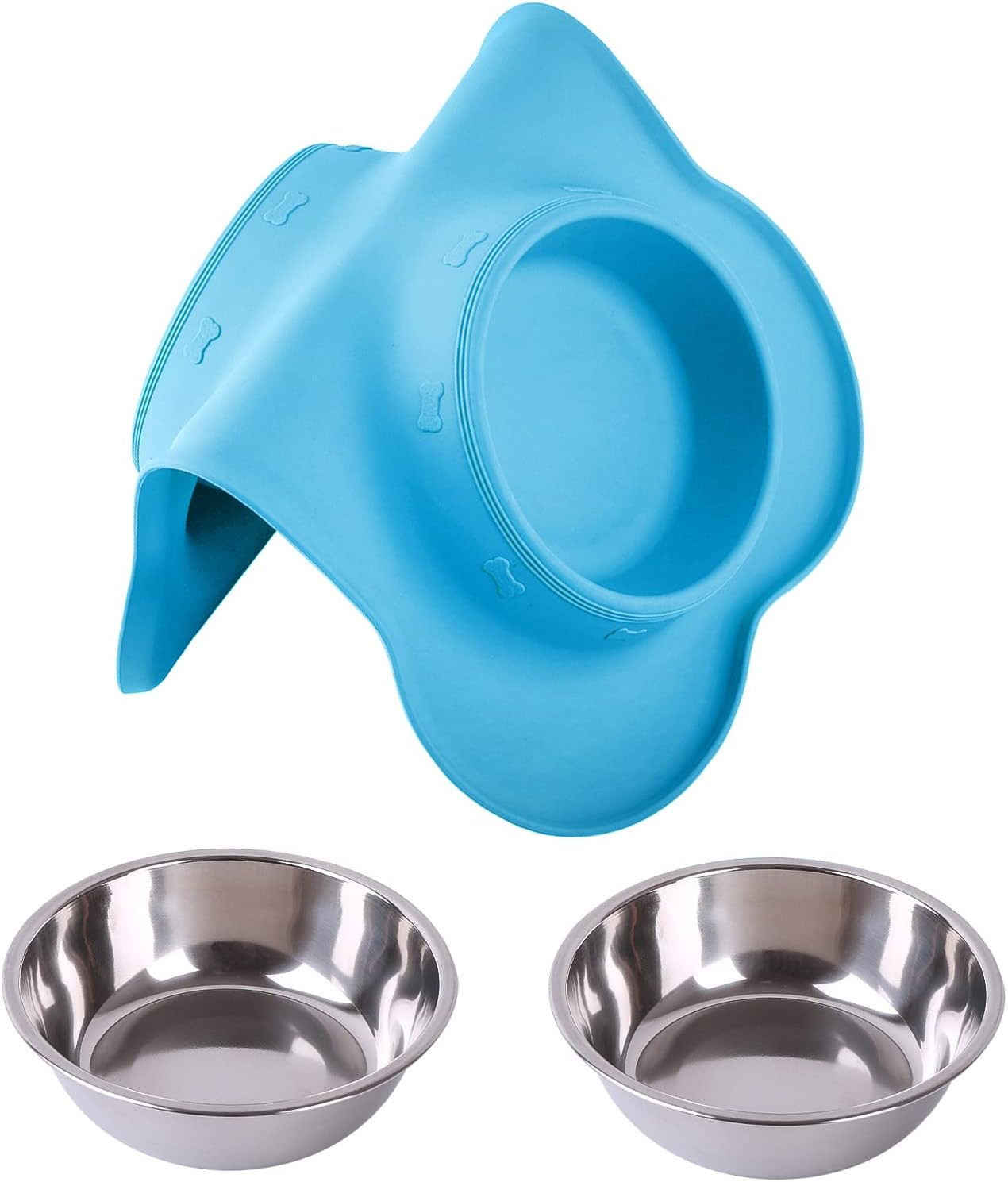 Silikon Doppel Futterstation Anti-Rutsch Haustier Katzen Fress Napf Hunde Edelstahl Schale - Blau / Silber