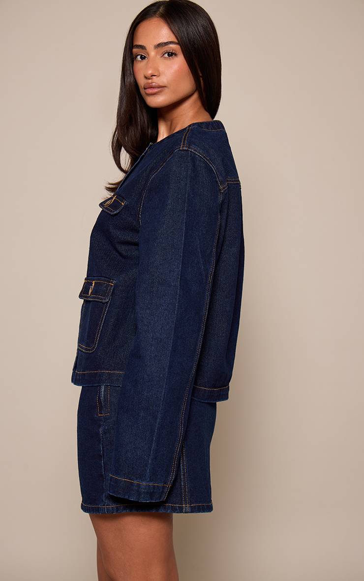 Bleu Indigo Veste En Jean Sans Col Avec Détails De Poches Pour Petite Taille