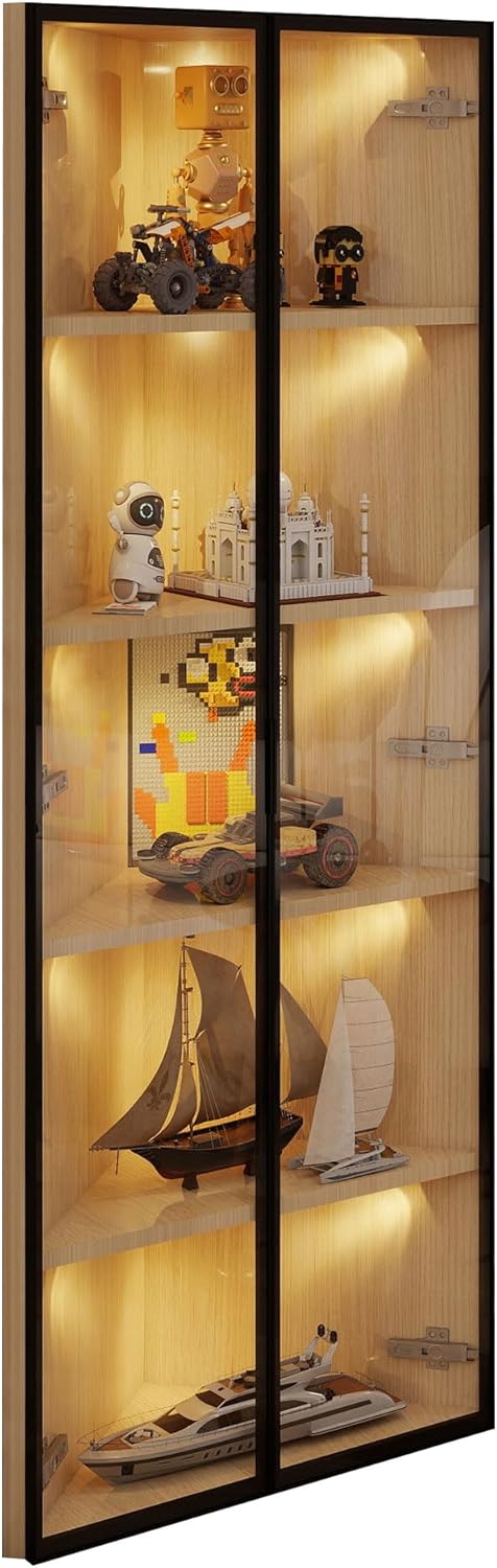 BTM LED Glasvitrine 62x35x160cm Eckvitrine mit Tür – Sammlungsvitrine, Bücherregal, Weinschrank, Badezimmerschrank, Eiche