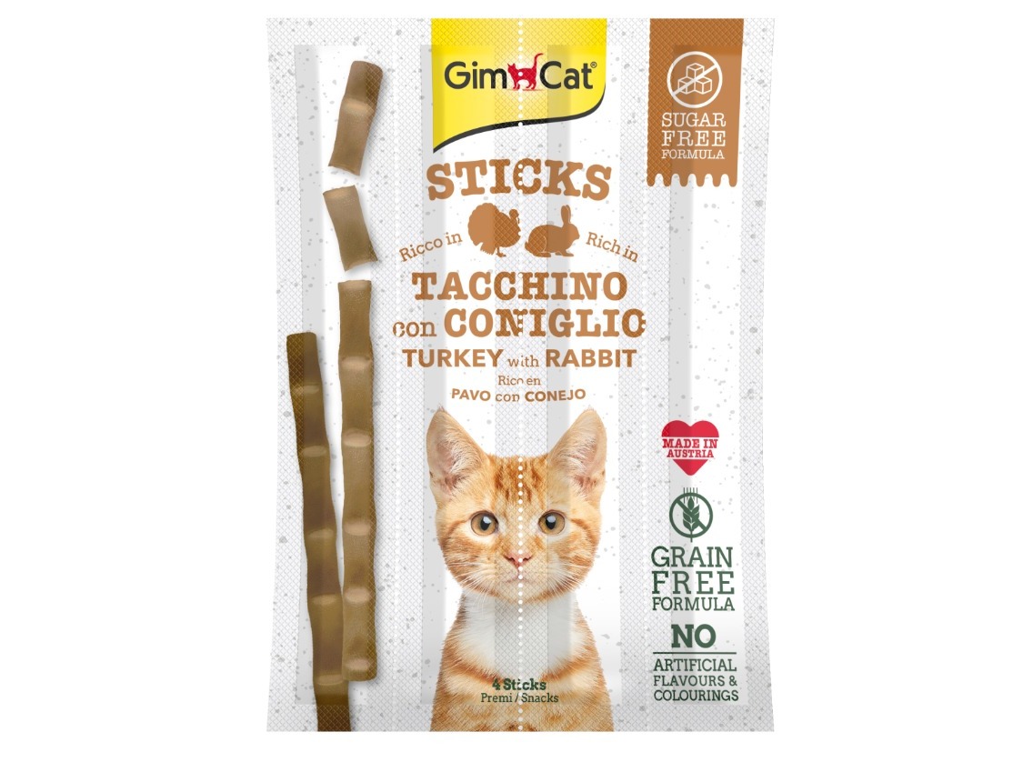 SNACKS PARA GATO GIMCAT STICKS COM PERÚ E COELHO 4 UNIDADES