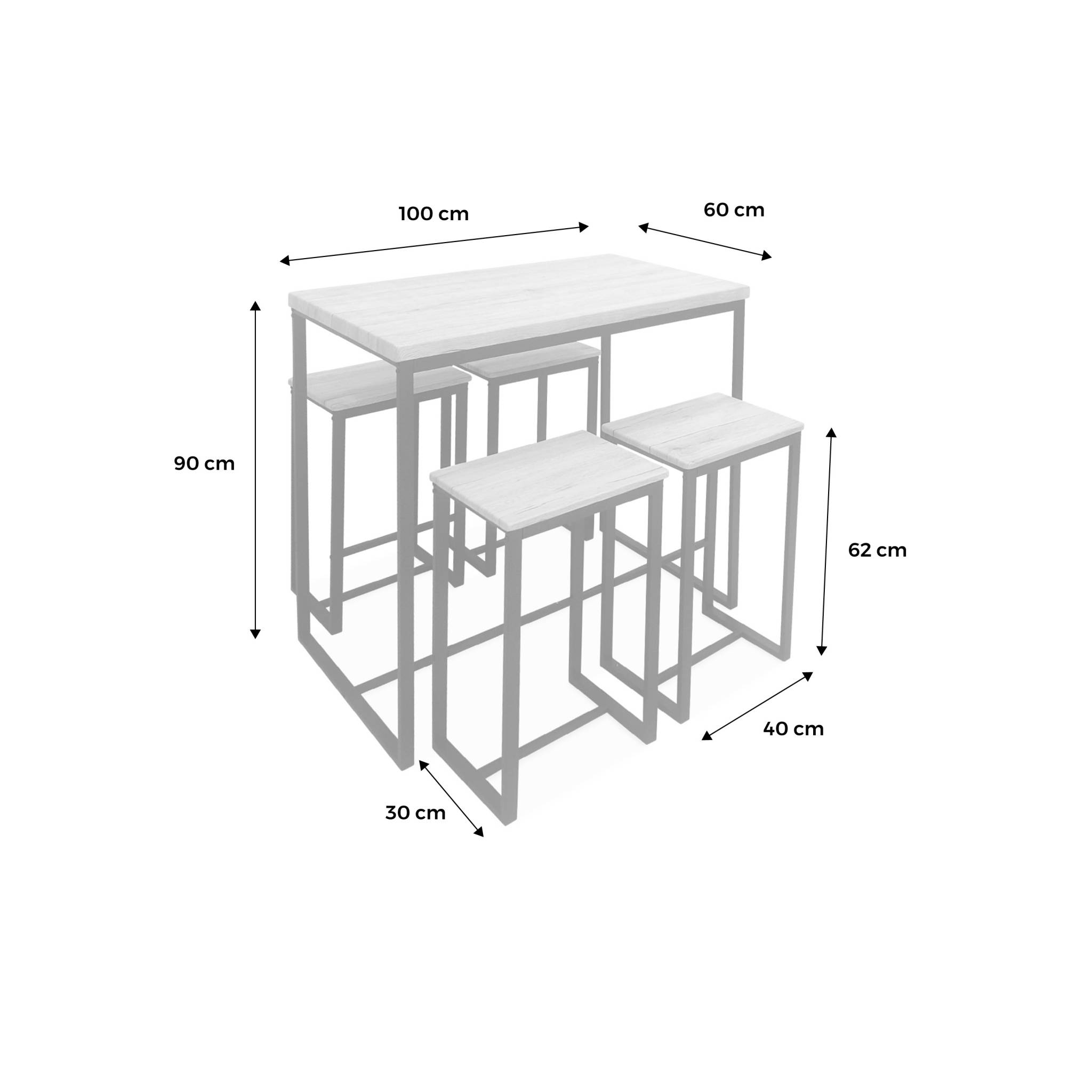 Set table haute rectangulaire loft avec 4 tabourets de bar. Acier et décor bois. Encastrable. Design