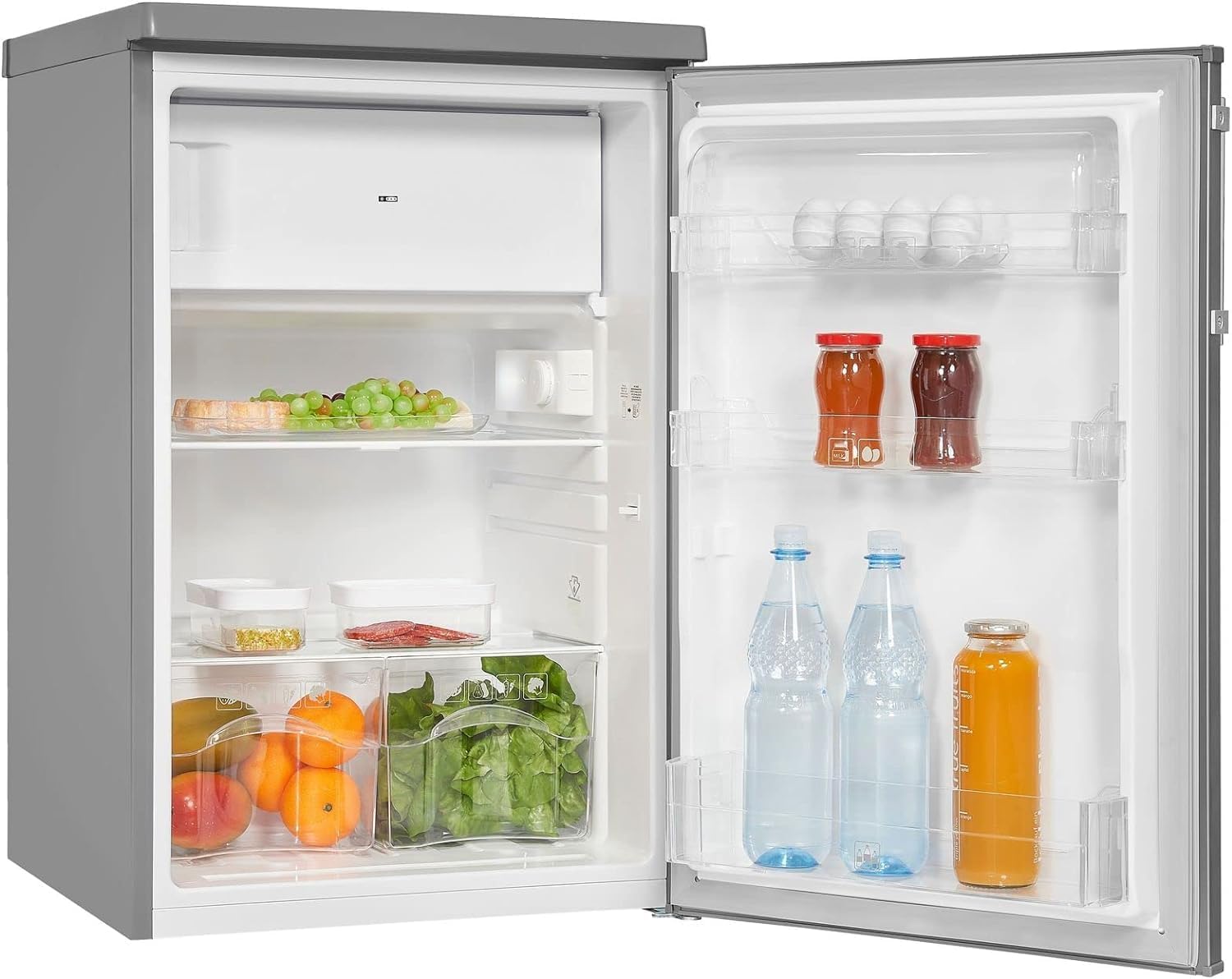 Exquisit Kühlschrank KS16-4-HE-040E inoxlook | 109 l Nutzinhalt | Edelstahloptik | Gemüsefach | Gefrierfach | Kompakt | LED Licht