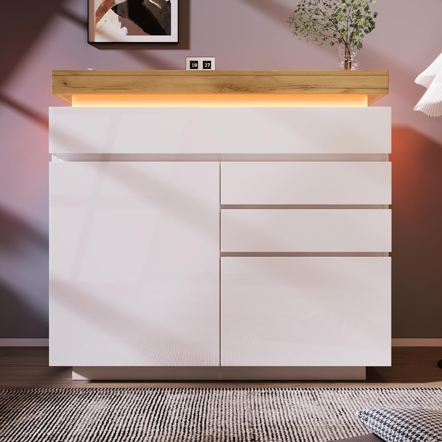 Lexiou Kommode, Hochglanz Sideboard mit 2 Türen und 3 Schubladen, LED-Beleuchtung (App-Steuerung), Mehrzweckschrank für Wohnzimmer und Schlafzimmer, 115 x 110 x 39 cm, Weiß