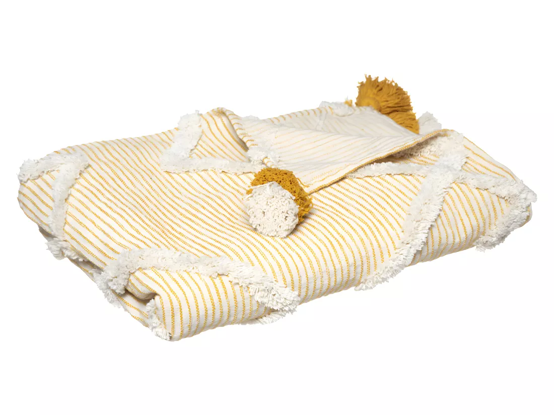 Jeté de lit en Coton Ocre tufté avec Pompons 130 x 180 cm