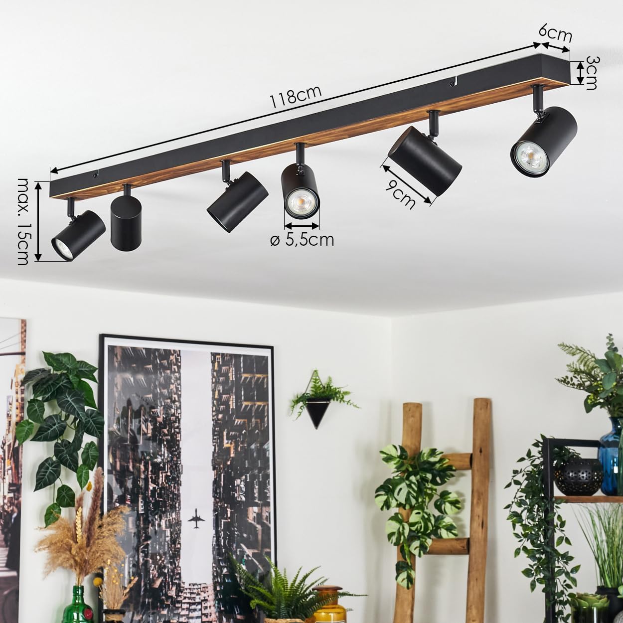 HOFSTEIN Deckenleuchte Gesteira, 6-flammige Deckenlampe aus Metall/Holz in Schwarz/Natur, Leuchte im Boho-Design mit verstellbaren Schirmen, GU10, Esszimmer, Wohnzimmer, Küche, Schlafzimmer, Flur