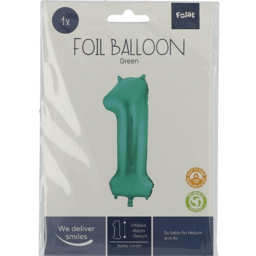 Cijferballon een - metallic matgroen - 86 cm