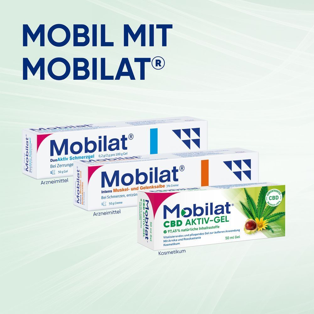 Mobilat® CBD Aktiv-Gel: Vitalisierendes und pflegendes Gel zur Entspannung beanspruchter Körperpartien. Mit hochkonzentriertem CBD (>99% Reinheit), Arnika-Extrakt und Rosskastanien-Extrakt. Kosmetikum