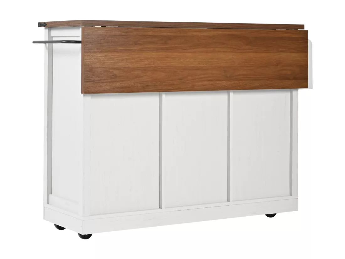 Ilot central de cuisine - avec plateau escamotable - 2 portes coulissantes avec étagères et 3 tiroirs - Beige