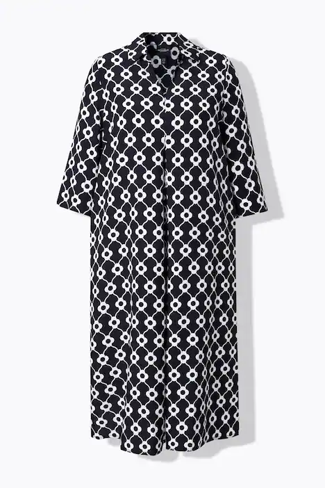 Lyocell-Midikleid, Blüten, A-Linie, V-Ausschnitt, 3/4-Arm, schwarz