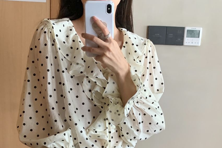 Jesong - Blouse met lange mouwen, V-hals, ruches en stippen