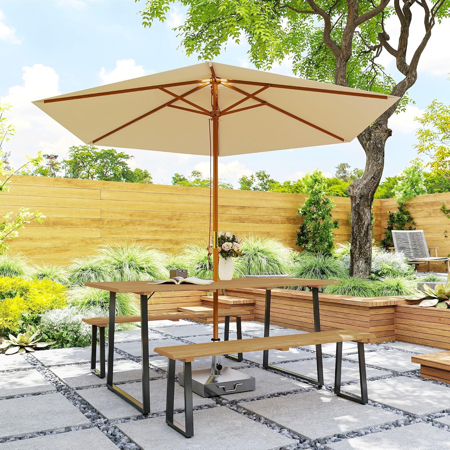 Outsunny Sitzgruppe 3-teilig Holz Essgruppe für 6 Personen Esstisch mit 2 Bänke Schirmloch Esszimmergruppe mit Holztisch Küchentisch-Set Balkonmöbel Gartenmöbel für Terrasse, Balkon Naturholz