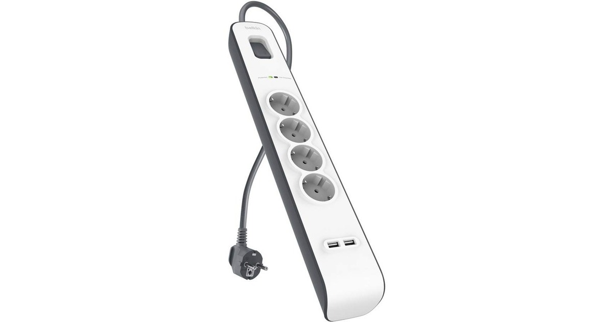 BelkinSpanningsbeveiliger met 4 stopcontacten en 2 USB-poorten  stekkerdoos  (Grijs/wit)