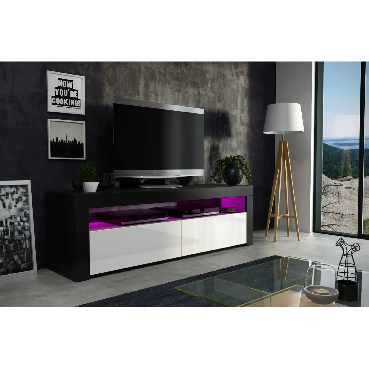 DUSINE Meuble TV Savelli - Noir et Blanc laqué