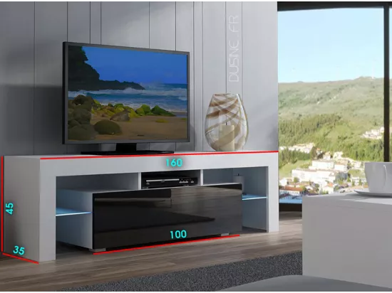 Meuble TV SPIDER à LED en MAT Noir avec porte Noir Laqué 160 cm