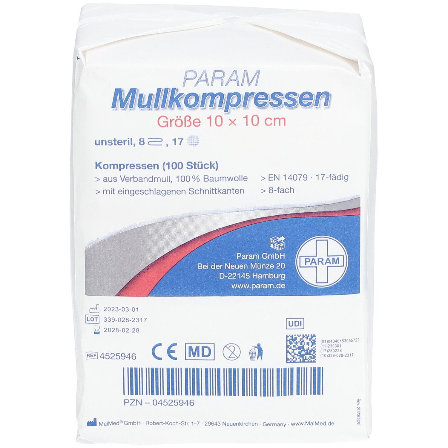 PARAM Mullkompressen 10 cm x 10 cm unsteril 8-fach