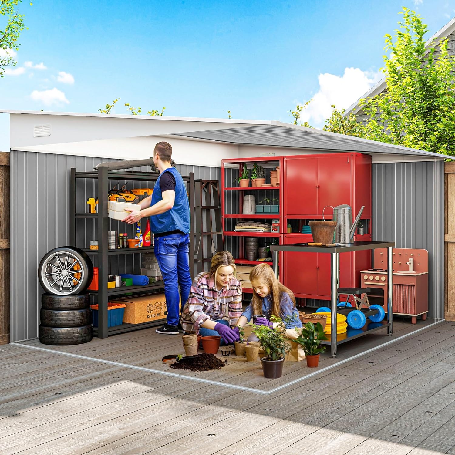 Outsunny Metall Gerätehaus 280x345x201cm 19,4m³ Gartenhaus mit Pultdach Schiebetür wetterfest Geräteschuppen Schuppen Outdoor Schrank für Außenbereich Hinterhof Anthrazit Garten, Grün