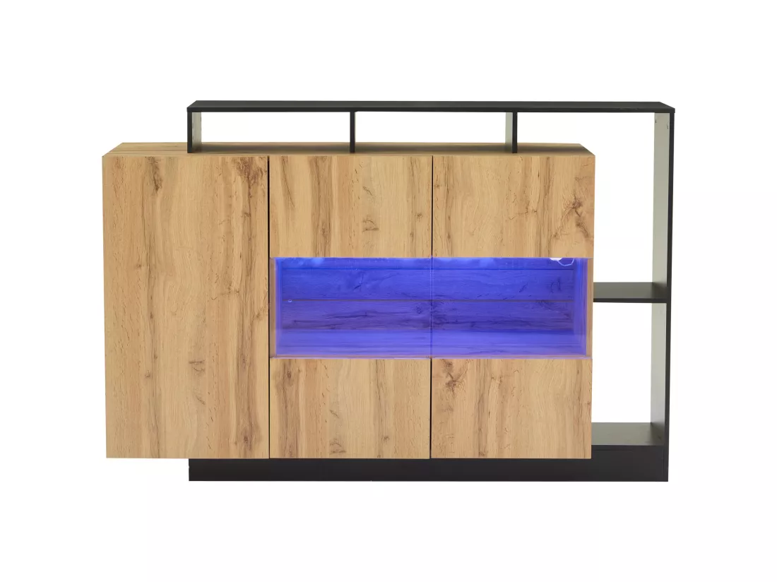 Buffet avec 3 portes et étagères de rangement - 140 x 44 x 93.5 cm - LEDs - Bois MDF - Naturel