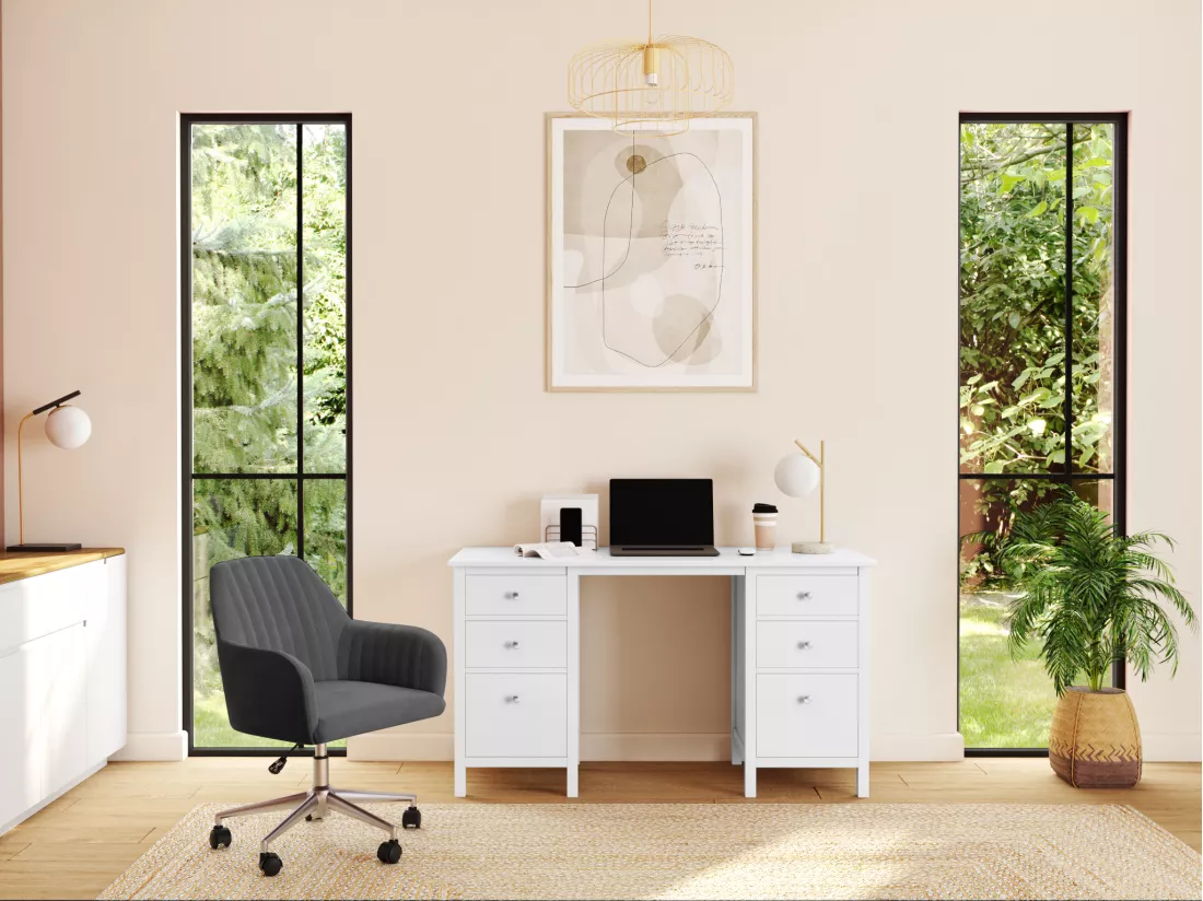 Chaise de bureau - Velours - Gris - Hauteur réglable - ELEANA