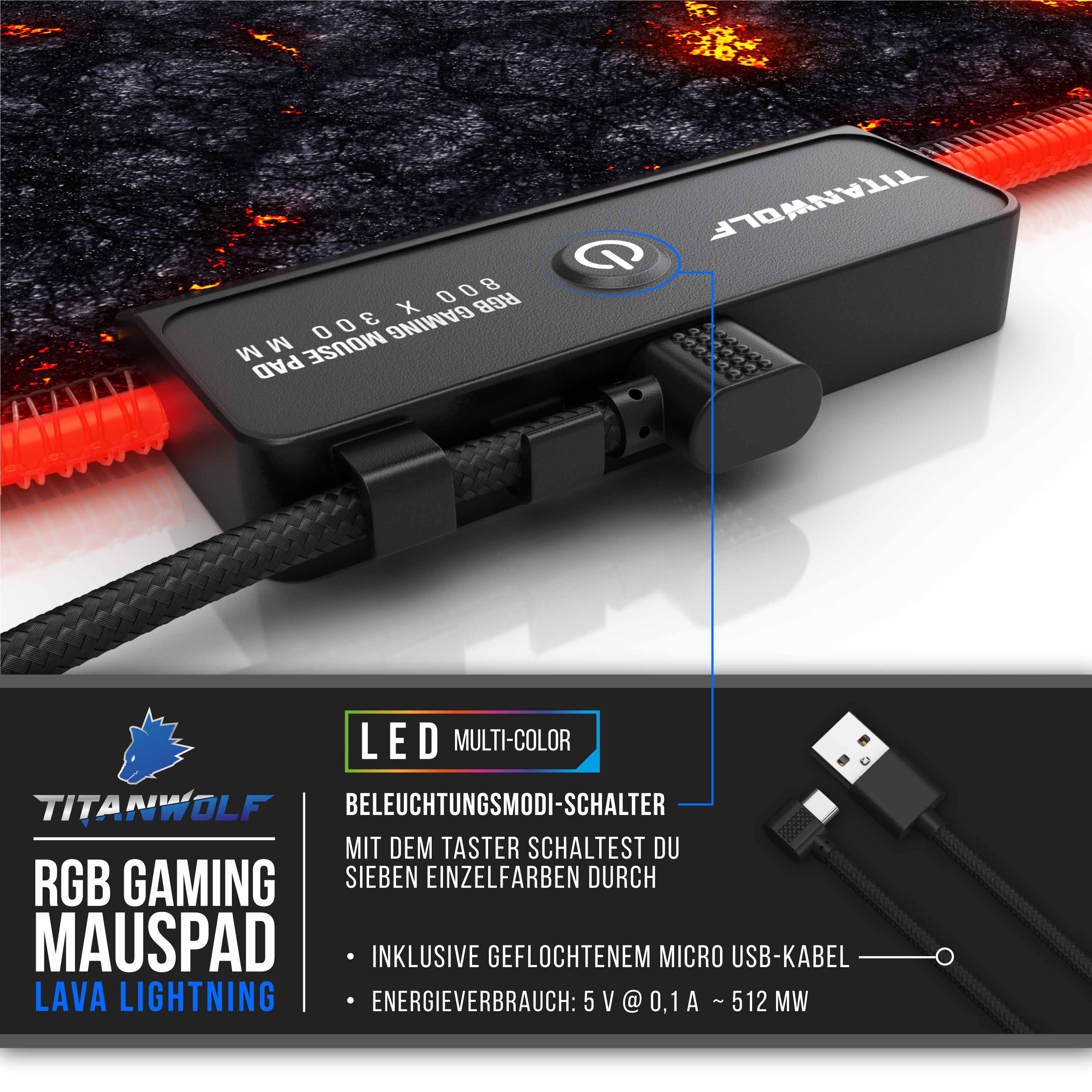 Titanwolf RGB Gaming Mauspad, Mousepad XL 800 x 300mm verbessert Präzision & Geschwindigkeit, Lavamotiv