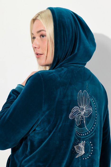 Samt-Sweatjacke, Blüte, Kapuze, Glitzerstreifen-Bündchen