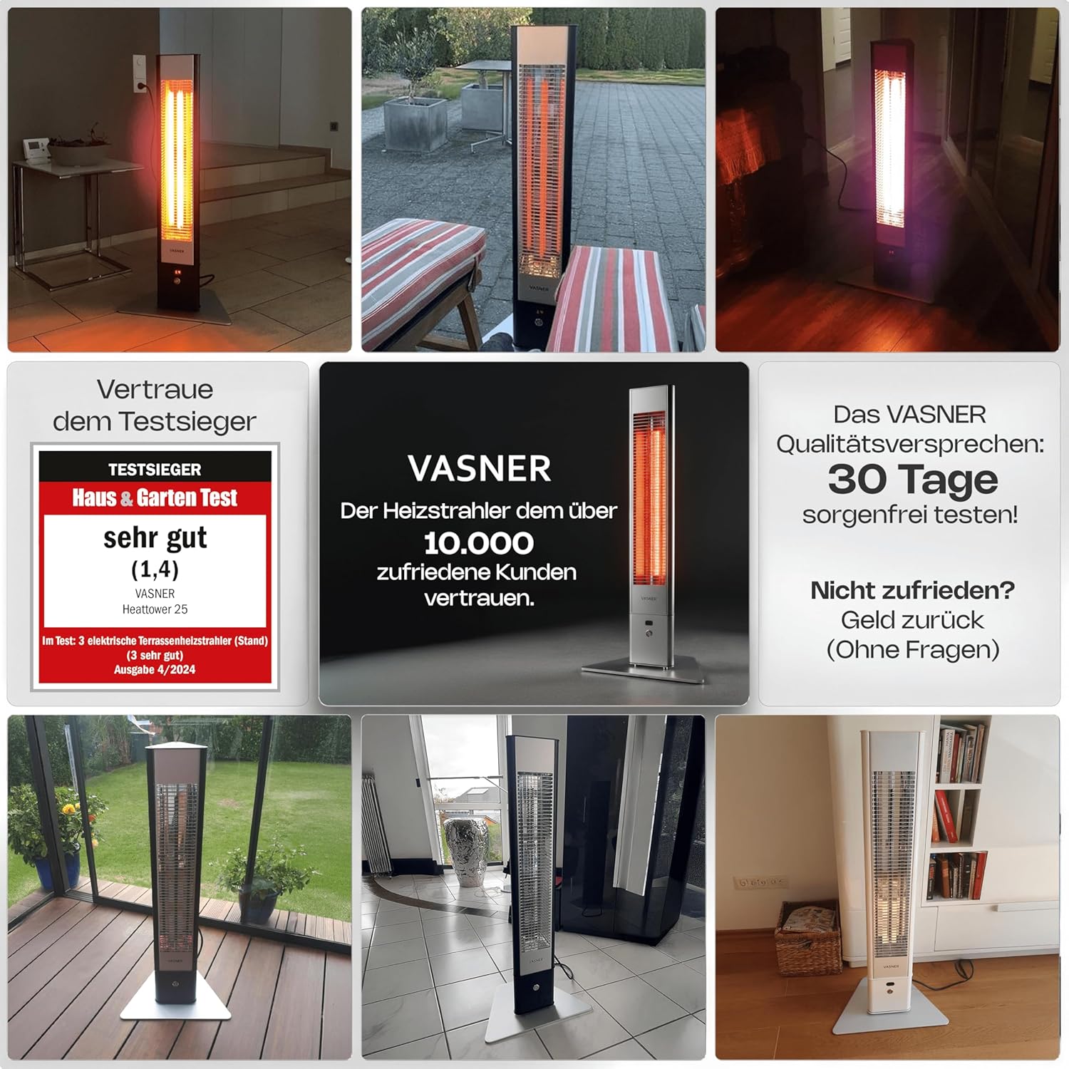 VASNER HeatTower Wärmestrahler (+ Aircape) - Infrarot Standheizstrahler 2500 Watt - Heizstrahler Terrasse elektrisch 4 Stufen - Elektro Heizstrahler Outdoor - Terrassenstrahler Infrarot Fernbedienung