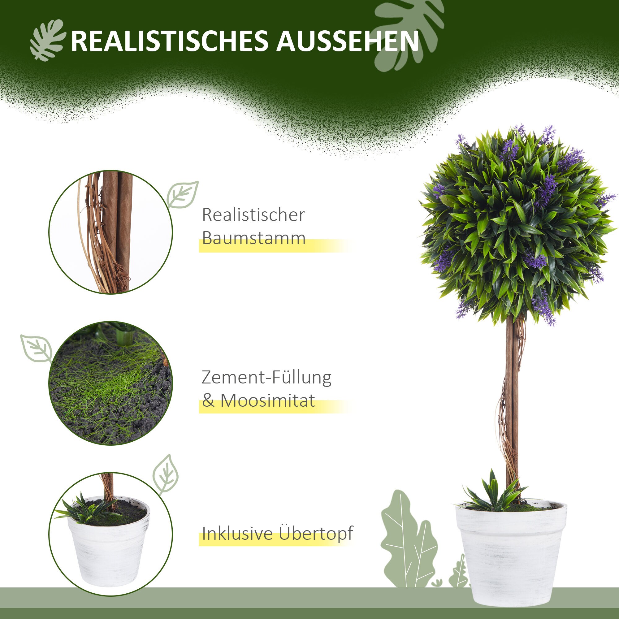 HOMCOM Kunstpflanze mit Übertopf grün 24L x 24B x 60H cm