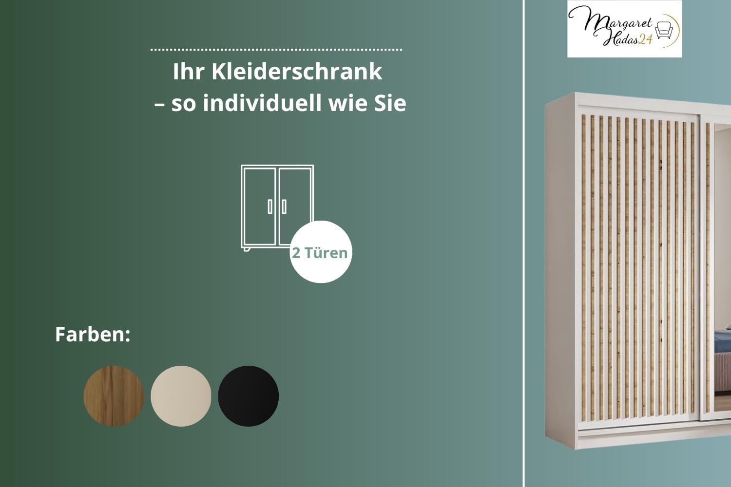 Margaret Hadas24 Kleiderschrank Dora mit Lamellen und Spiegel, Organizer, Mehrzweckschrank, Schwebetürenschrank, Garderobenschrank, Kleiderstange, Kleiderständer, Schrank, 100 cm weiß, braun