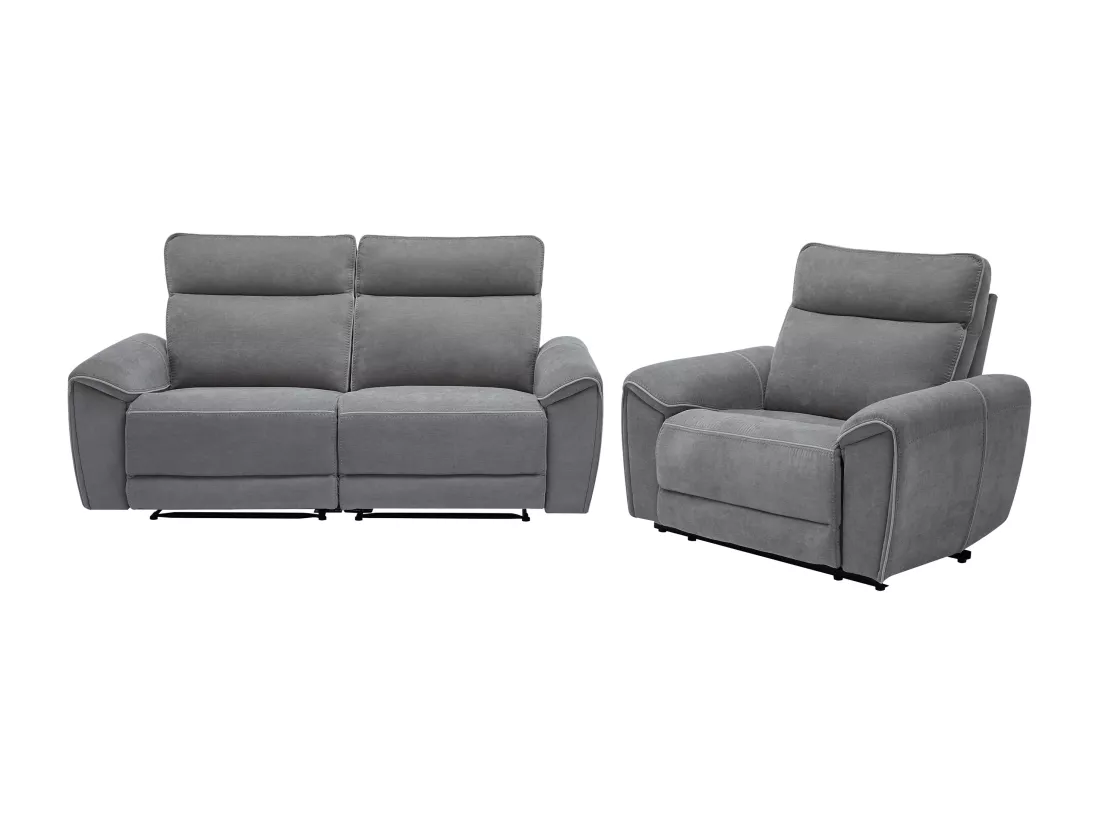 Canapé 3 places et fauteuil relax électrique en tissu gris DJARALO