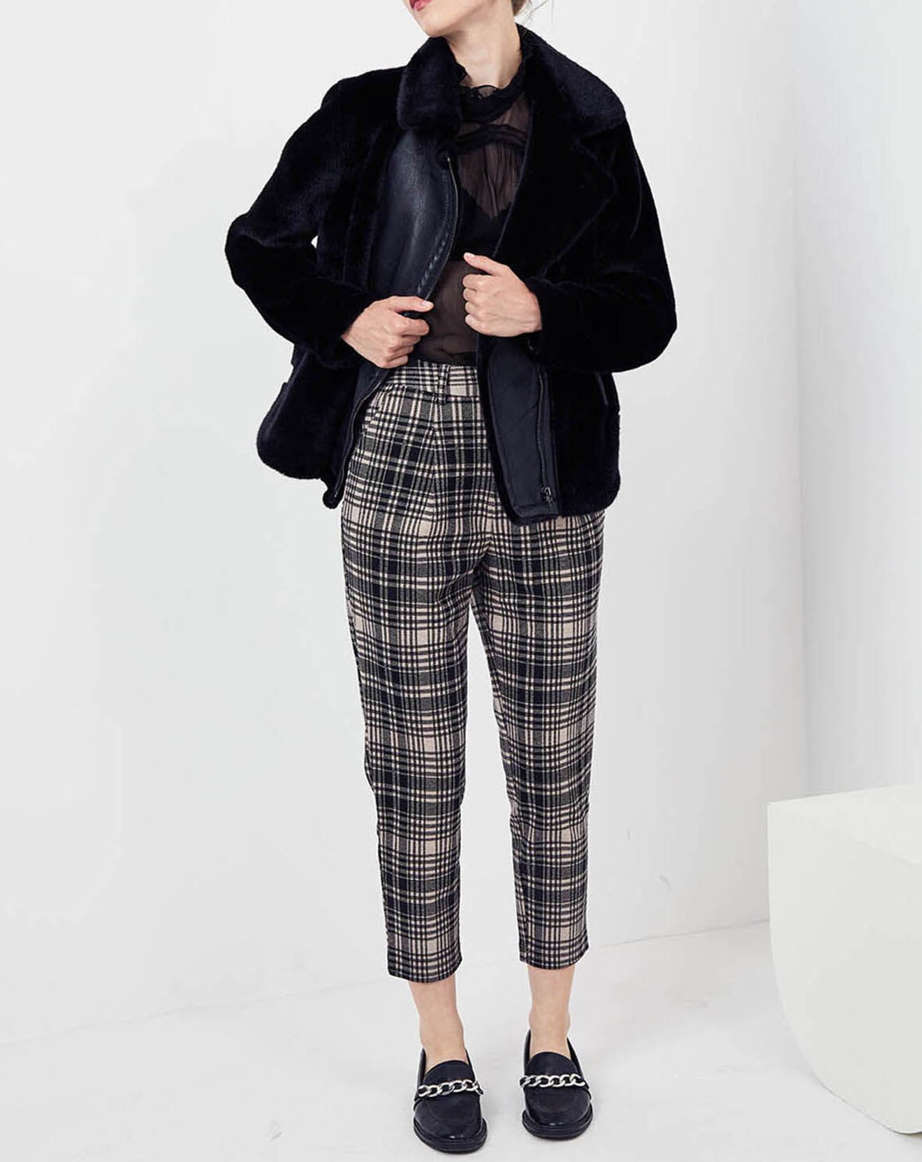 See u Soon Pantalon Galanthus imprimé Prince-de-Galles beige/noir