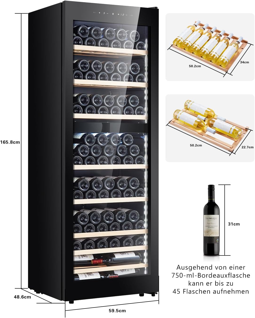 Kalamera Weinkühlschrank Upgrade, 84 Flaschen, 266 Liter, LED-Innenbeleuchtung Streifen, 2 Kühlzonen 5-10°C/10-18°C, KRC-266BFG