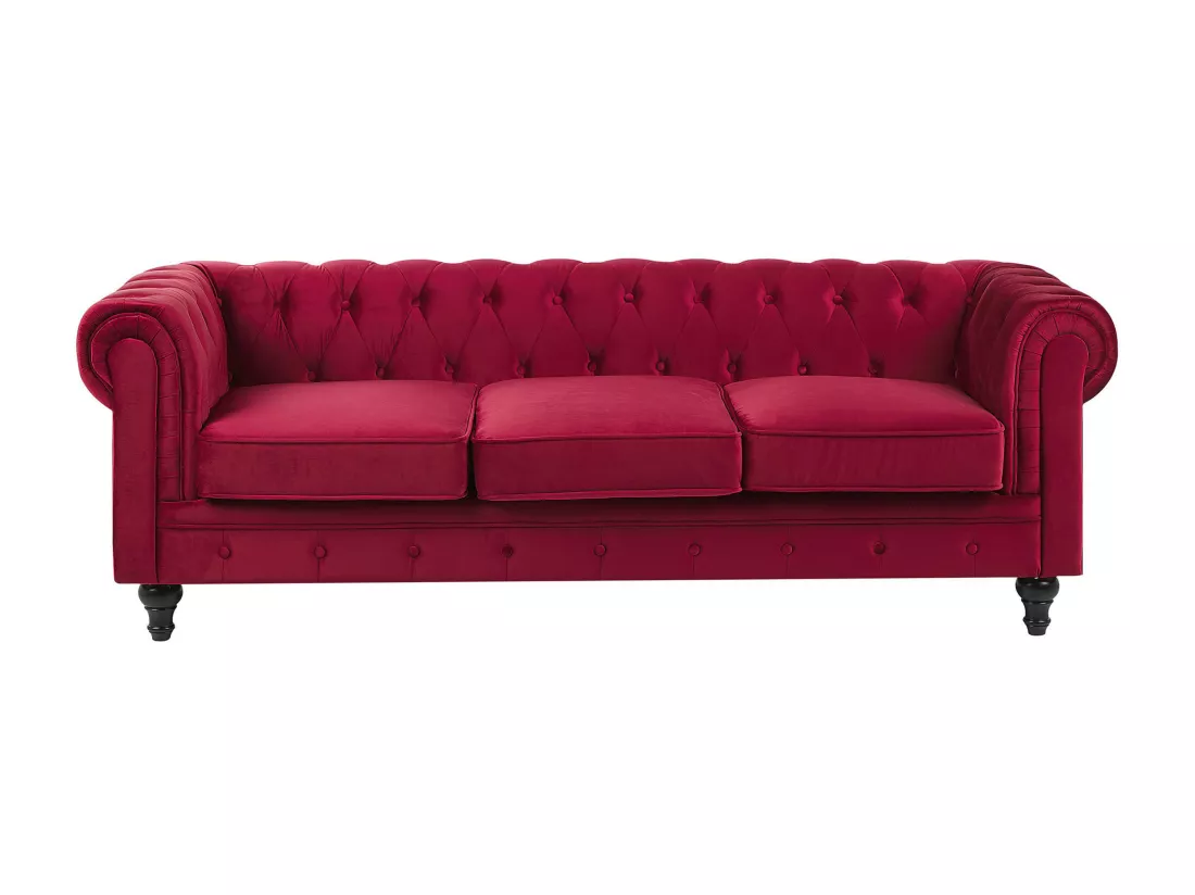 Ensemble canapé et fauteuil en velours rouge foncé 4 places CHESTERFIELD