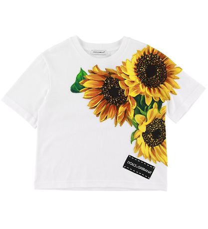 Dolce & Gabbana T-Shirt - Weiß m. Sonnenblumen/Kristalle