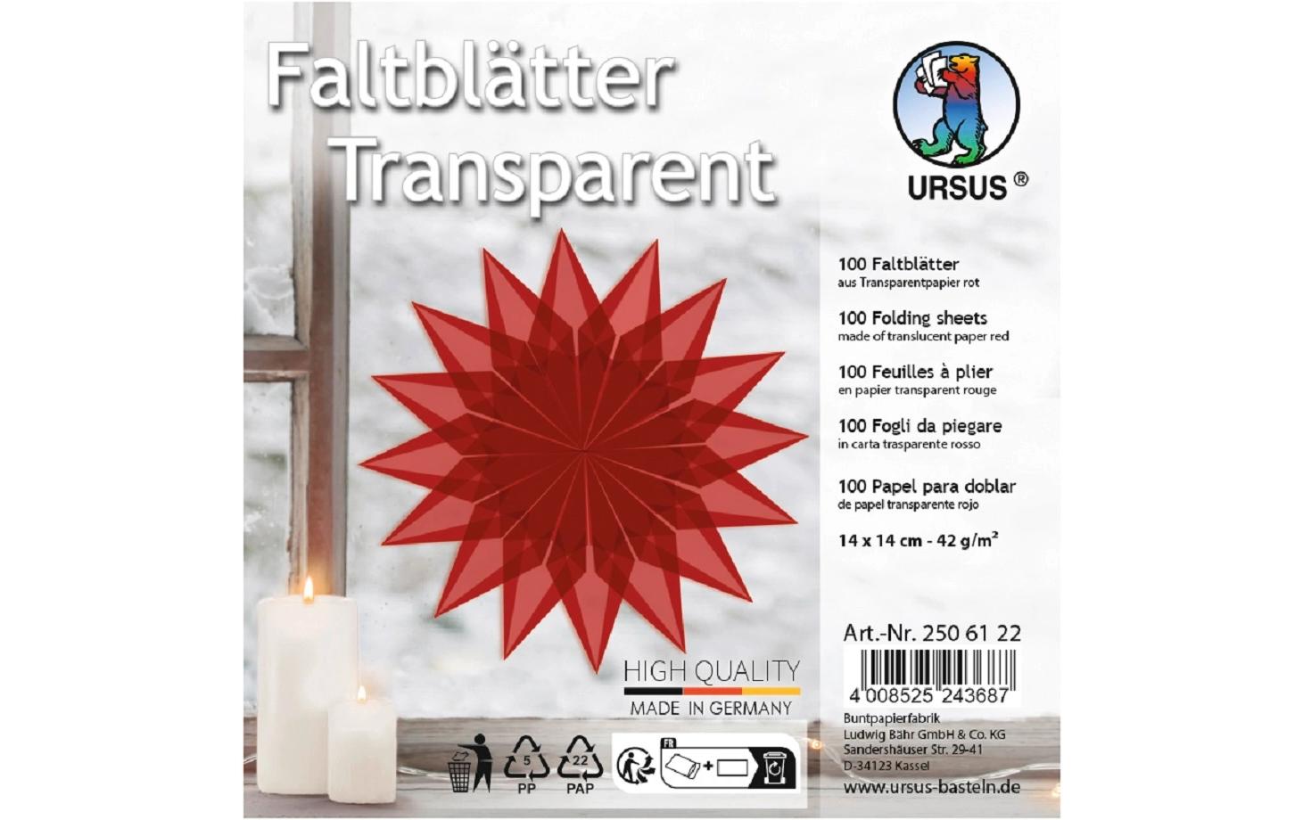 Faltblätter Origami 14 x 14 cm, 42 g/m², 100 BlattDurchgefärbtes Transparentpapier