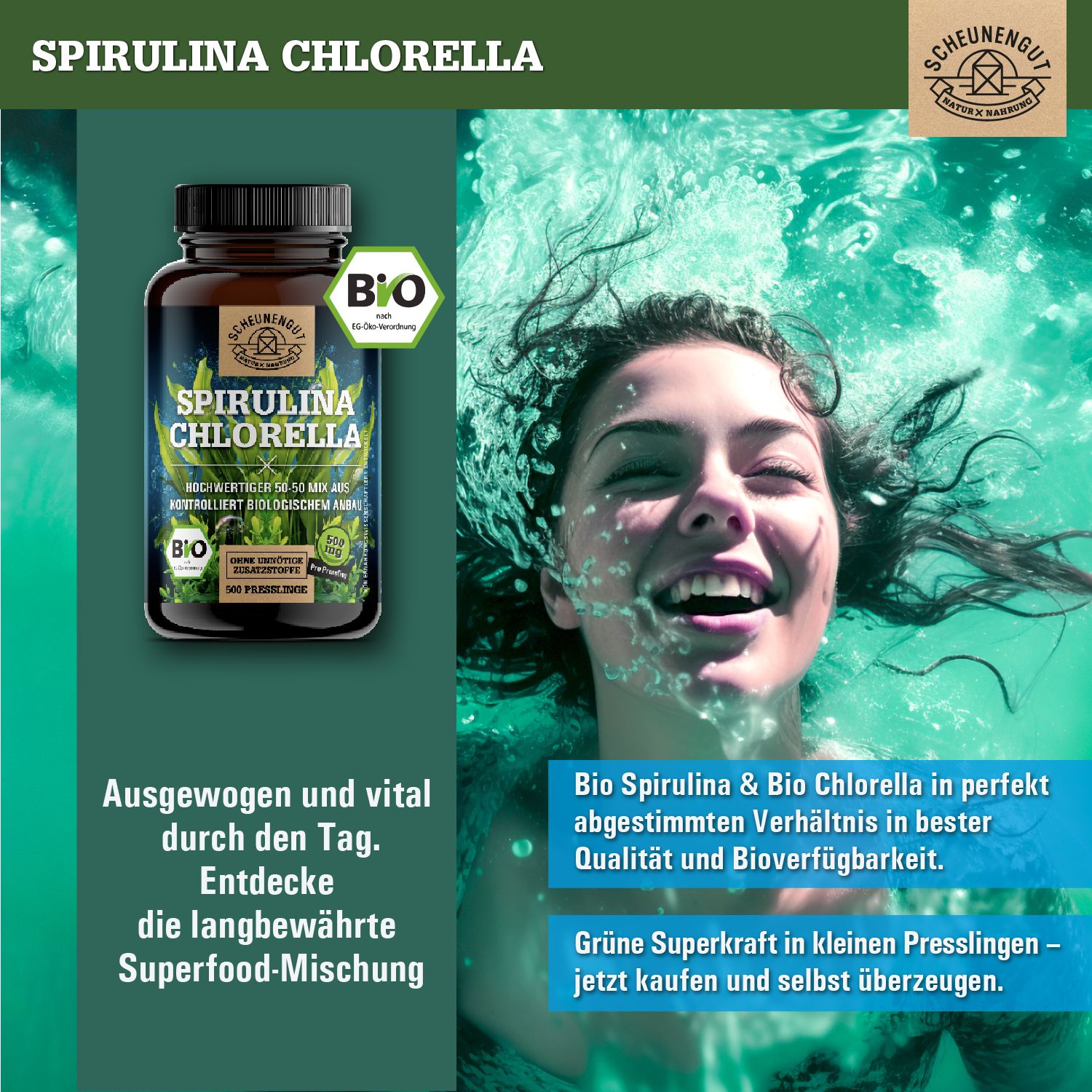 Scheunengut® Bio Spirulina Chlorella Presslinge | Hoch bioverfügbarer 50:50 Mix