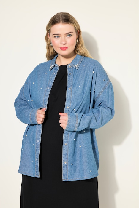 Jeanshemd, oversized, Zierperlen, Langarm
