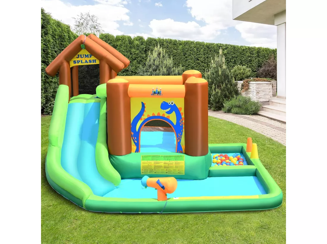 Aire de Jeux Gonflable Enfant avec Souffleur 610W Pataugeoire Mur d'Escalade Canon à Eau Trampoline Intégré Balles Colorées