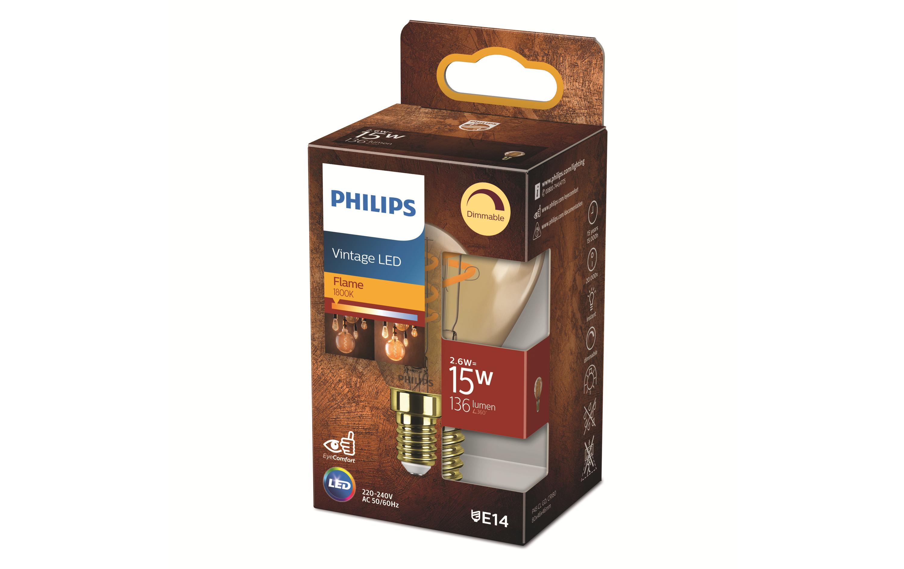 Lampe LEDcla 15W E14 P45 GOLD D WarmweissDekoratives LED-Leuchtmittel P45 mit sichtbarem Glühfaden und flammenfarbiger Farbtemperatur