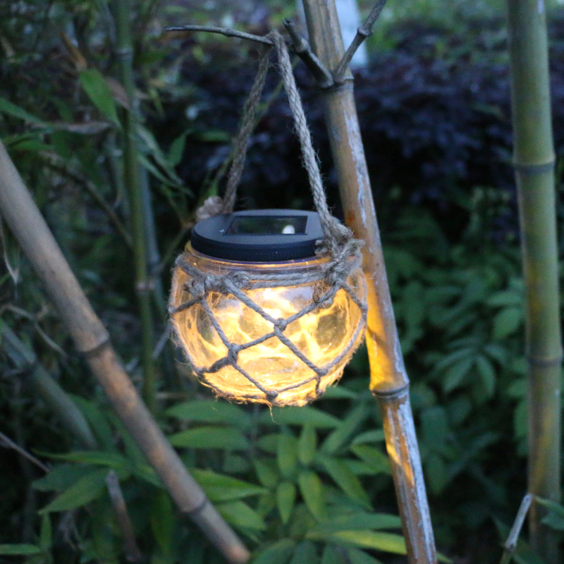 (2er Set) 8x9cm LED Solar Lampe Outdoor Glas Laterne Gartenleuchte mit Sisal Kordeln - Warmweiss