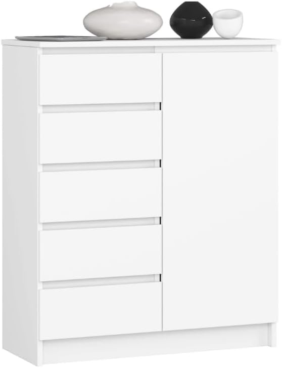 BDW - Kommode mit 5 Schubladen und 1 Tür - 80 cm breit, 97 cm hoch - Schrank, Sideboard, Mehrzweck-, Schuhschrank, Schubladenkommode, Aktenschrank - Wohn-, Schlafzimmer, Flur (Weiss)