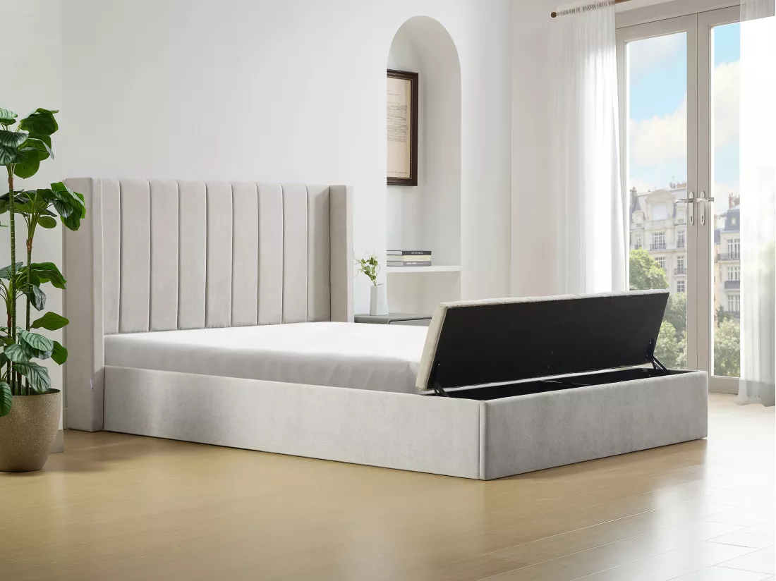 Lit coffre 180 x 200 cm avec banc - Tissu - Beige - DOUINO