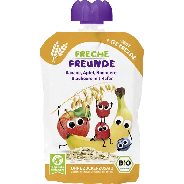 Bio Quetschie Banane, Apfel, Himbeere, Blaubeere mit Hafer