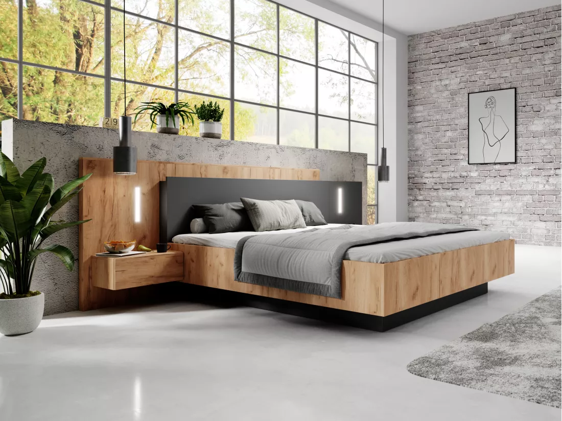Lit avec chevets 140 x 190 cm - 2 tiroirs - Avec LEDs - Coloris : Naturel et anthracite - FRANCOLI