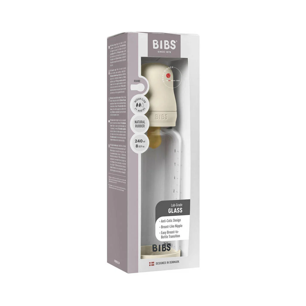 BIBS Glazen Babyfles - 240 ml - Ivory - met latex speen en opvouwbare trechtertje