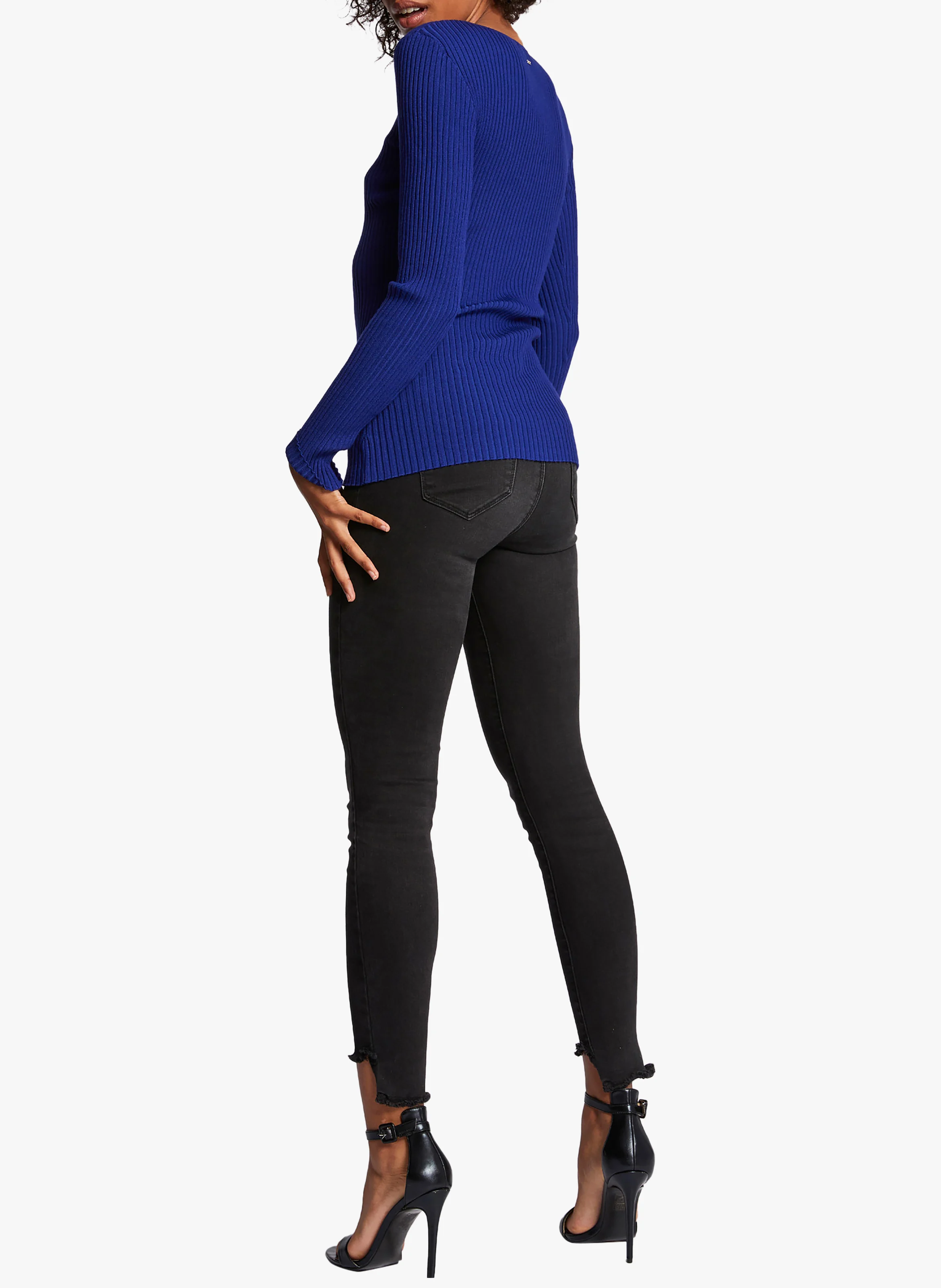 Pull col V zippé en maille côtelée | Bleu